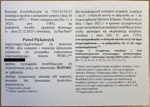Paweł Piekarczyk - elektryk Kraków - uprawnienia i certyfikaty